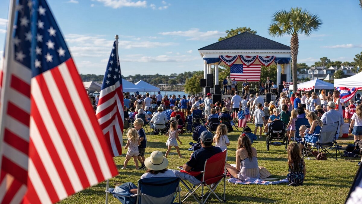 Patriotic outdoor community celebration with American flags, festival tents, and families on a sunny summer day