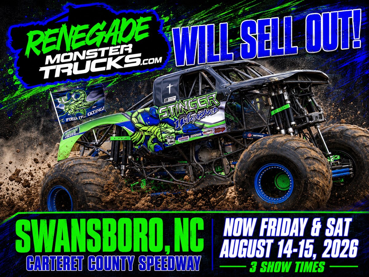 Renegade Monster Trucks at Carteret County Speedway in Swansboro, Friday and Saturday August 14 to 15 2026, three show times