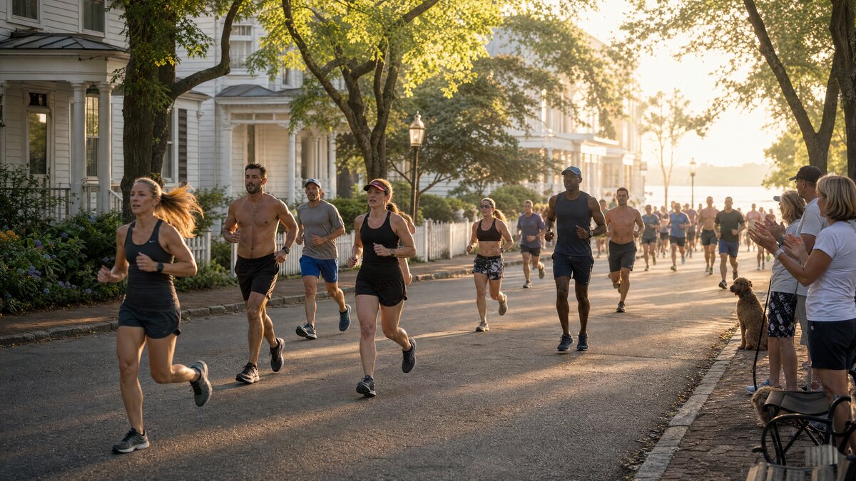 Runners on a tree-lined historic street in downtown Beaufort at sunrise during the Rotary road race